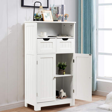 Tangkula Meuble de Rangement pour Salle de Bain, Meuble de Rangement avec Une Étagère Ouverte, Deux Portes et Deux Tiroirs Réglables, Armoire Debout pour Cuisine