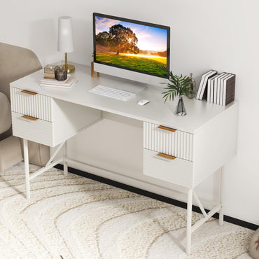 Tangkula Bureau blanc avec 4 tiroirs, bureau de maison de 122 cm avec rangement, bureau d'écriture avec cadre en métal pour chambre, bureau, étude