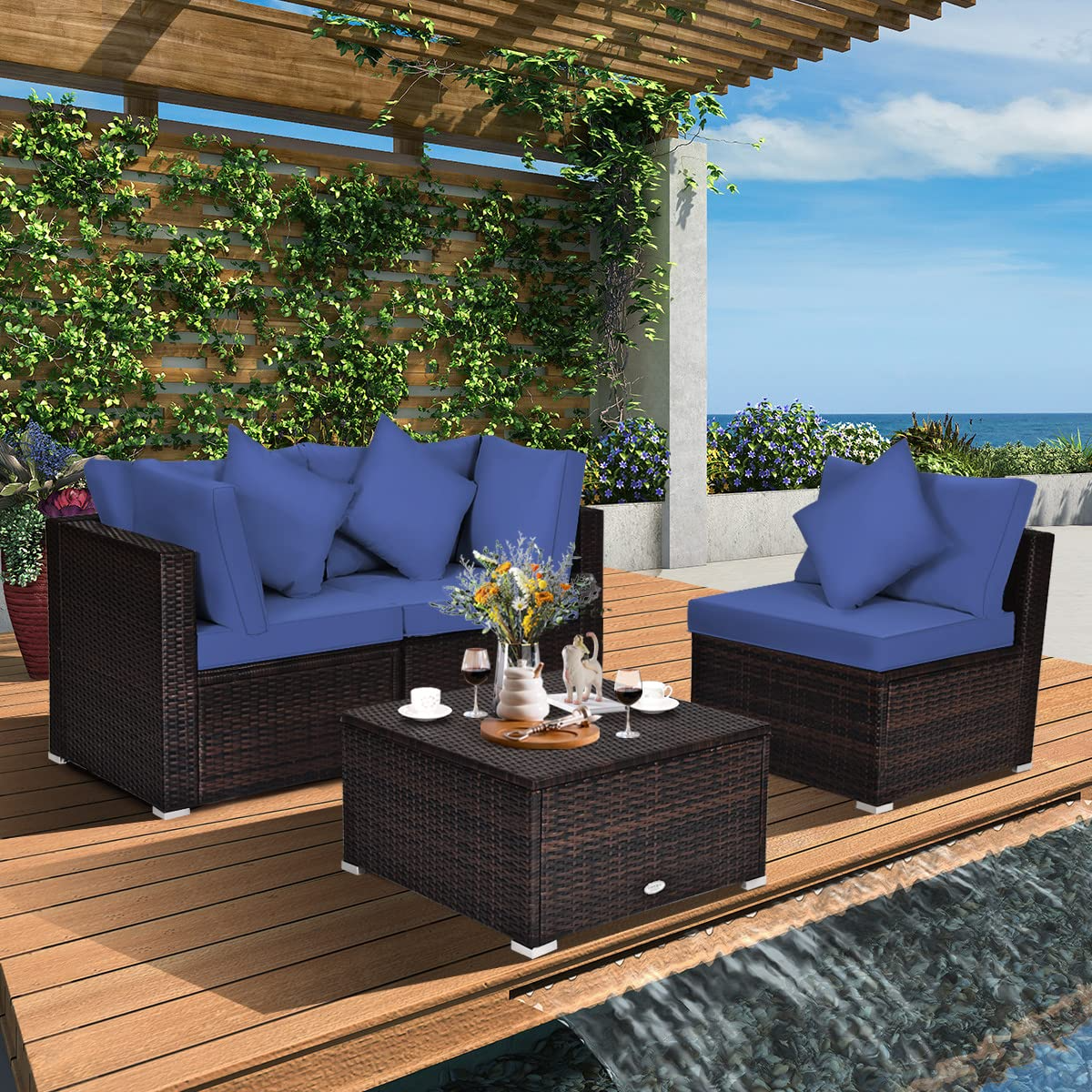 Tangkula Patio Rattan Sofa Set, Outdoor Wicker Sectional Furniture Set