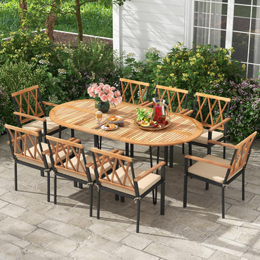 Tangkula 9 Pieces Patio Dining Set with Acacia Wood Top & Umbrella Hole
