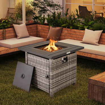 Table foyer au propane en rotin Tangkula 29 pouces, foyer extérieur carré Patiojoy 50 000 BTU avec roches de lave et housse de protection