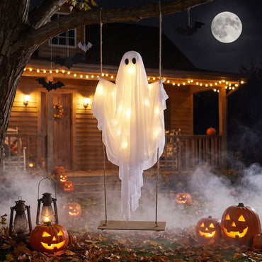Tangkula 5 FT Halloween Hanging Swing Ghost Decoration with LED Lights