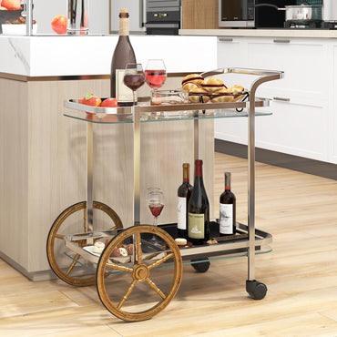 Tangkula Bar Cart for The Home, 2-Tier Rolling Tempered Glass Serving Cart, 2 Large Gold Aluminum Wheels & 2 Casters