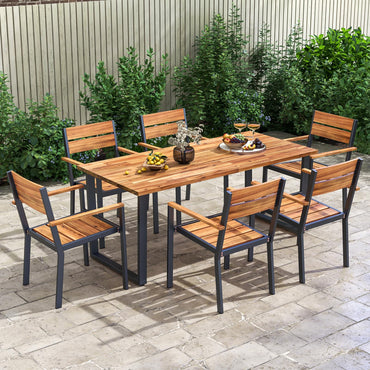 Tangkula Chaise de patio en bois d'acacia, lot de 6 chaises de salle à manger empilables d'extérieur avec sièges à lattes et cadre en métal