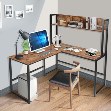 Tangkula Reversible L-Shaped Desk with Hutch, Space Saving Corner Computer Desk with Storage Bookshelf