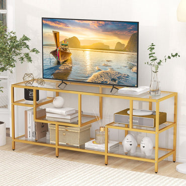 Meuble TV doré Tangkula pour téléviseurs jusqu'à 65 pouces, console TV de 58 pouces avec étagères en verre trempé et cadre en métal doré