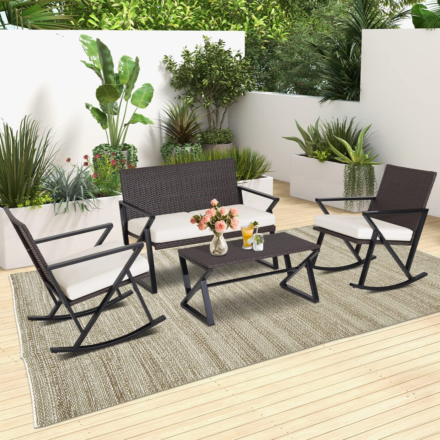 Tangkula 4 Piece Patio Rocking Furniture Set Patiojoy PE Wicker Loveseat