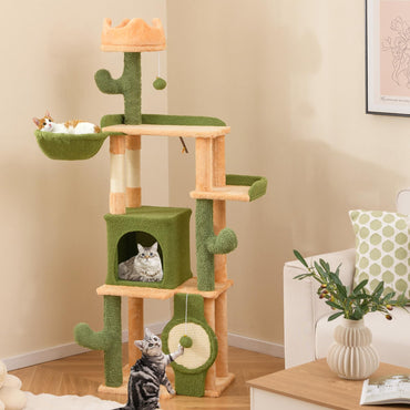 Arbre à chat Tangkula Cactus, tour à chat haute multi-niveaux de 160 cm avec poteaux et planche à griffer en sisal