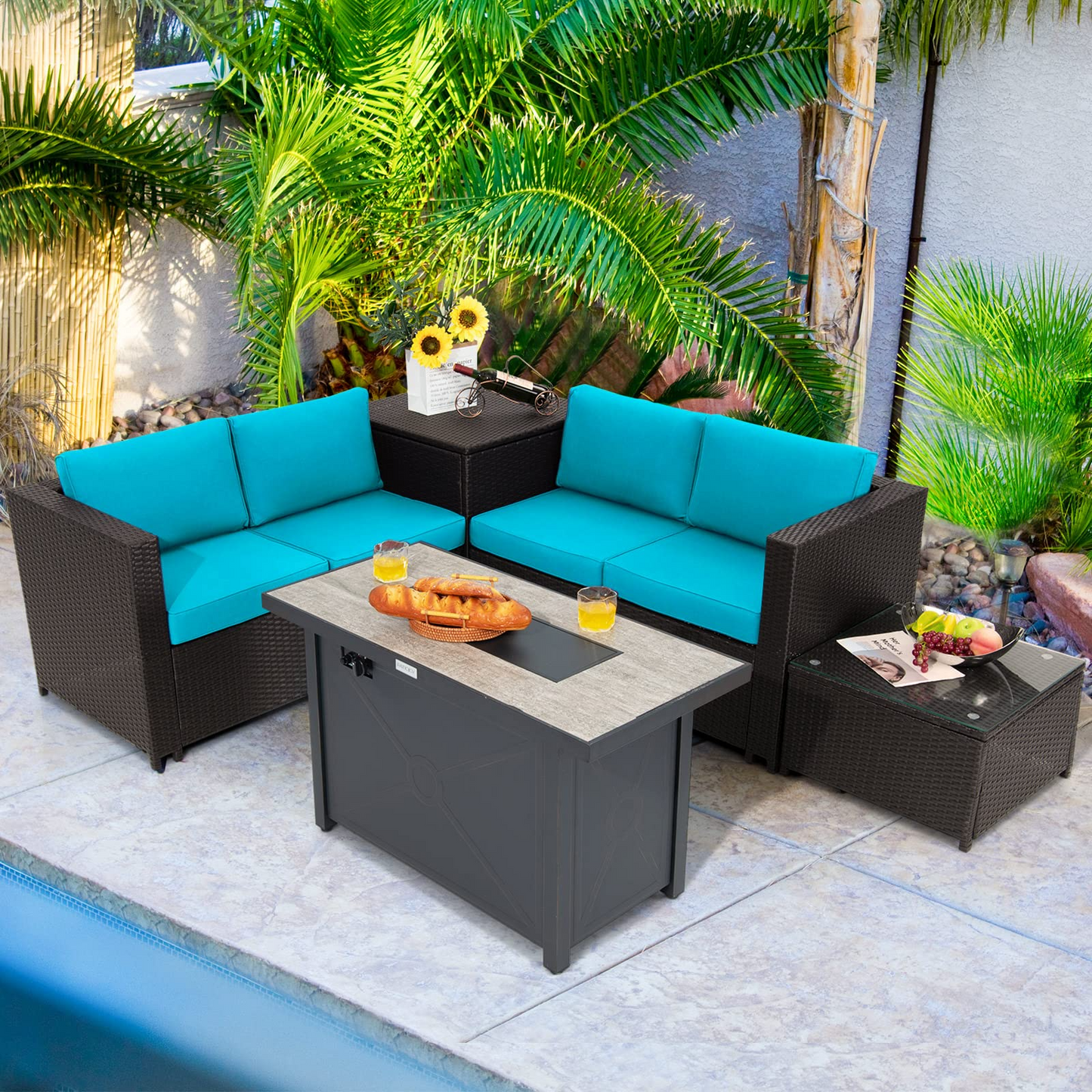 Tangkula 5-Piece Patio Furniture Set with 42 Inches Propane Fire Pit Table, Outdoor Wicker Conversation Set with Cushions