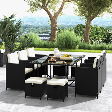 Ensemble de salle à manger Tangkula 11 pièces pour patio, chaises en osier peu encombrantes et table en verre trempé avec poufs