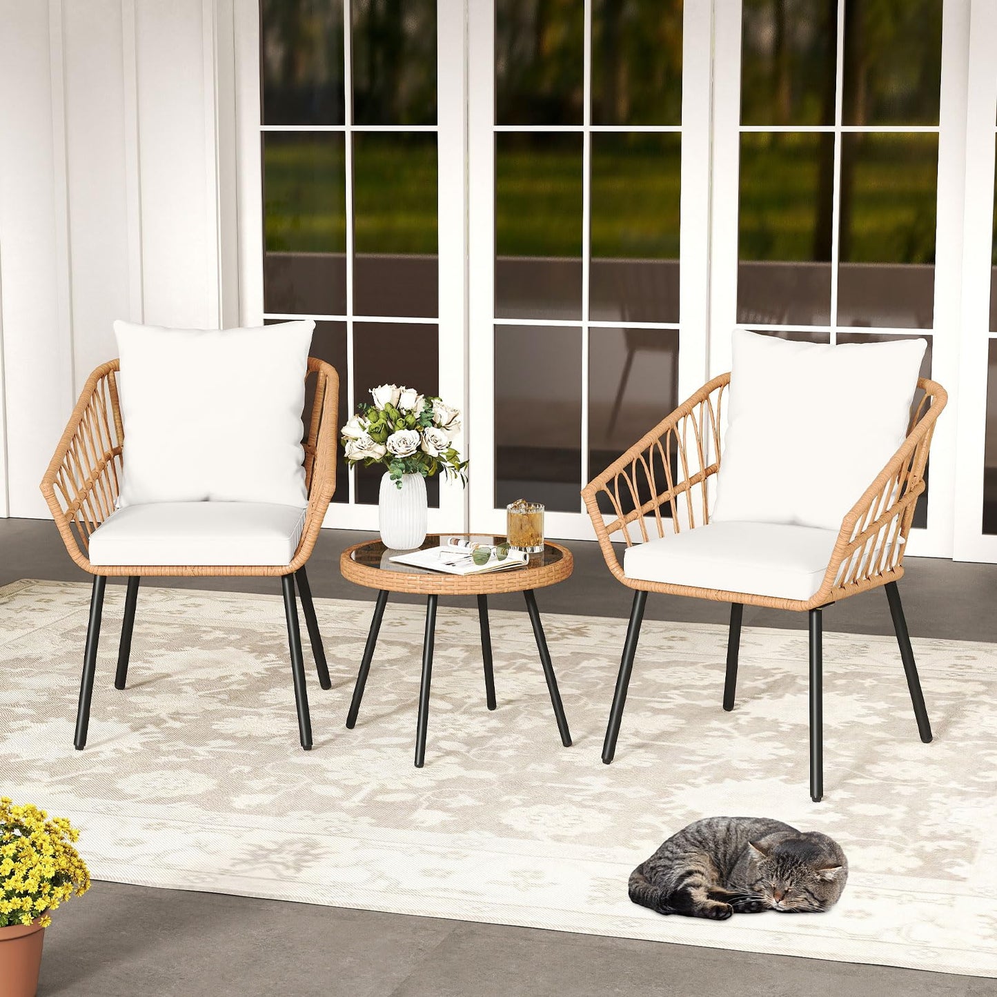Tangkula 3 Piece Patio Bistro Set with Round Glass Table & Soft Cushions
