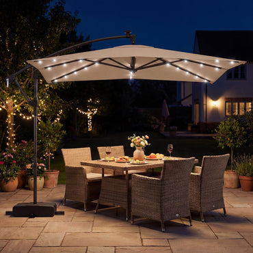 Tangkula 8x8 FT Solar Patio Umbrella with Base Included Square Offset Cantilever 360 Degree Rotation 32 LED Lights