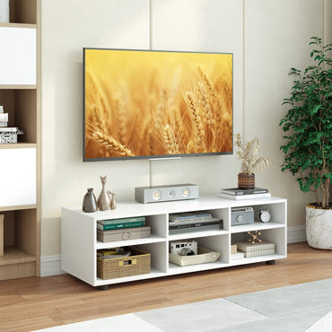 Meuble TV Tangkula avec 6 compartiments pour téléviseurs jusqu'à 55 pouces, meuble de divertissement en bois blanc avec 6 compartiments de rangement et 5 étagères réglables