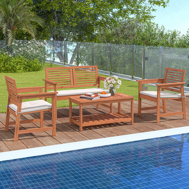 Tangkula Ensemble de conversation de patio 4 pièces, ensemble de canapés en bois avec coussins d'assise doux, table basse rectangulaire à 2 niveaux