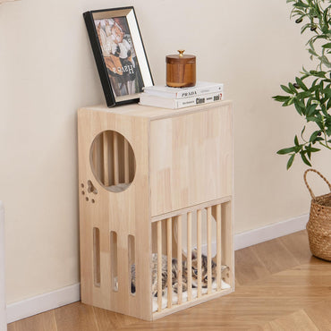 Tangkula 2 Tier Luxury Wood Cat House w/ 2 Washable Plush Cushions