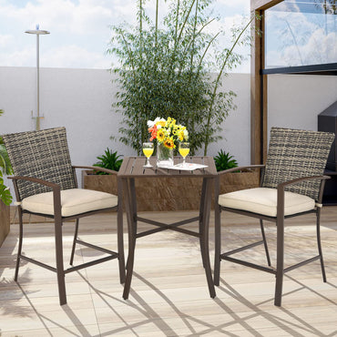 3 Piece Patio Bar Set, Outdoor Bar Stool Bistro Set w/ 27.5" Square Table, 2 Wicker Cushioned Chairs