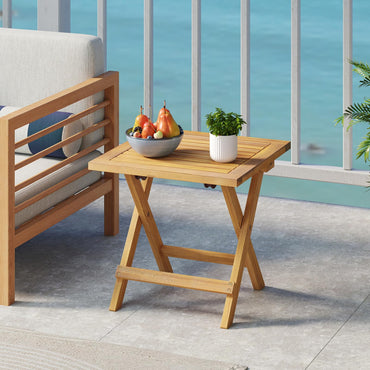 Tangkula Table d'appoint pliable d'extérieur en bois d'acacia avec pieds en X et plateau à lattes