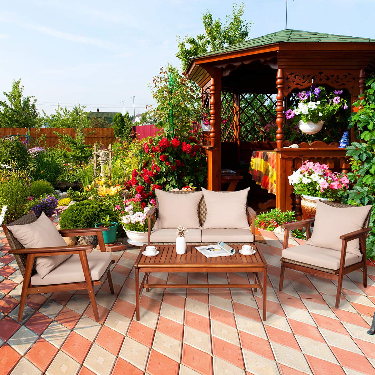 4/8PCS Patio Wood Sofa Set, Outdoor Acacia Wood Seating Chat Set with Cushions & Coffee Table
