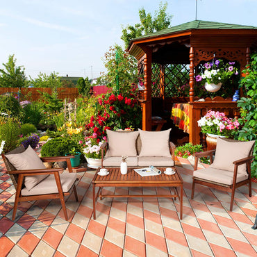 Ensemble de canapés de patio en bois 4/8 pièces, ensemble de conversation d'extérieur en bois d'acacia avec coussins et table basse