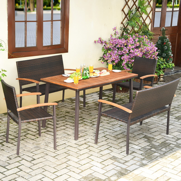 Ensemble de salle à manger Tangkula 5 pièces pour patio, ensemble de conversation moderne avec table en bois massif et trou pour parasol pour jardin, cour, porche
