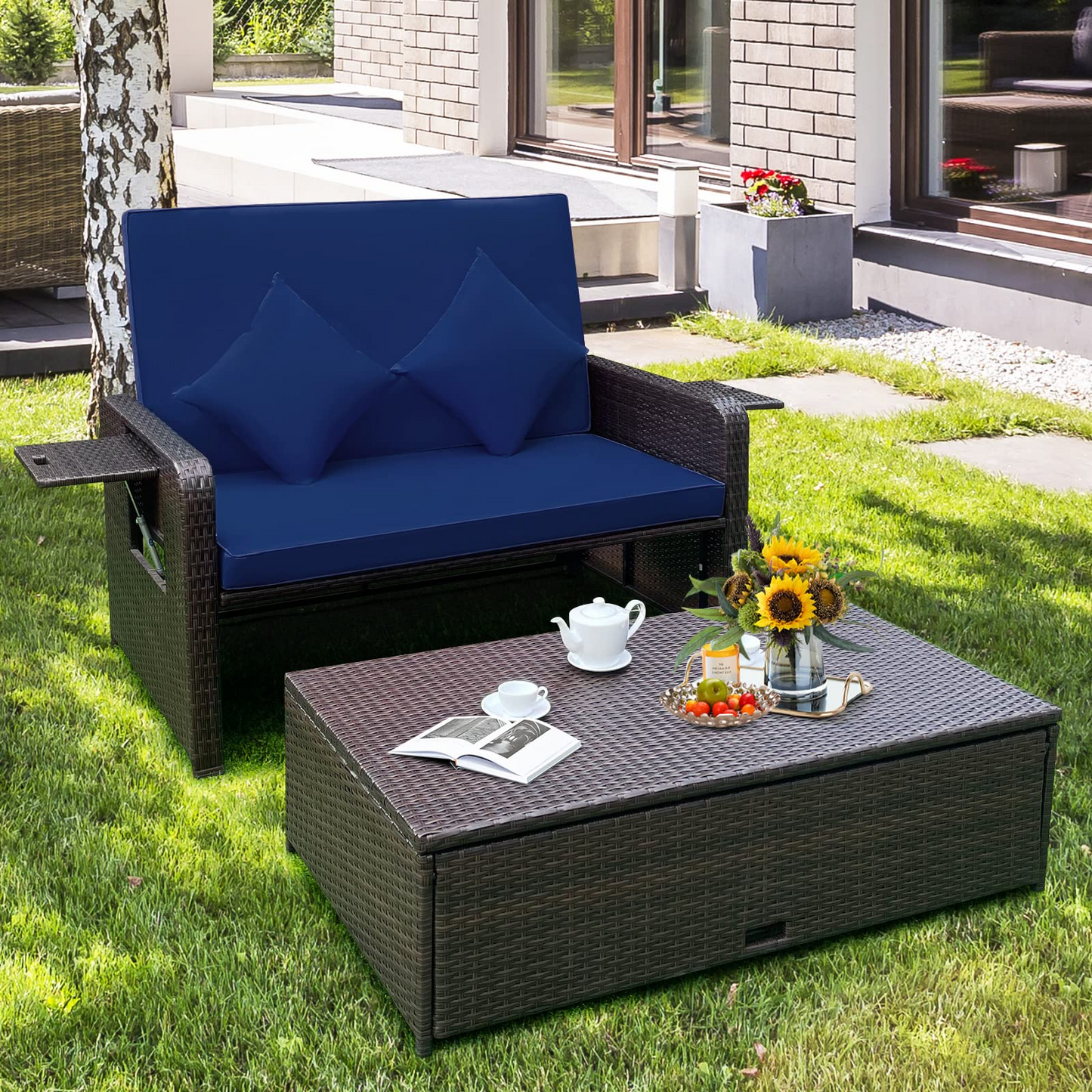 Tangkula Patio Rattan Daybed, Patiojoy Wicker Loveseat Sofa with 4-Postion Adjustable Backrest, Storage Ottoman, Cushions