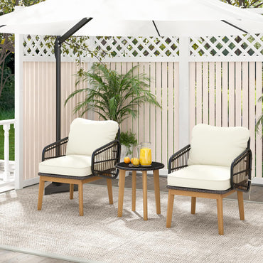 Tangkula 3 Piece Patio Chair Set, Wicker Chair & Side Table Set with Soft Cushions & Tempered Glass Tabletop