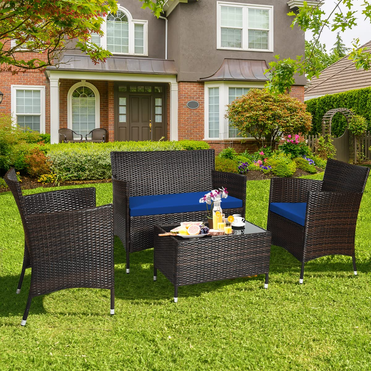 Tangkula 4-PCS or 8-PCS Patio Rattan Conversation Set, Outdoor Wicker Furniture Set with Tempered Glass Coffee Table &Thick Cushion
