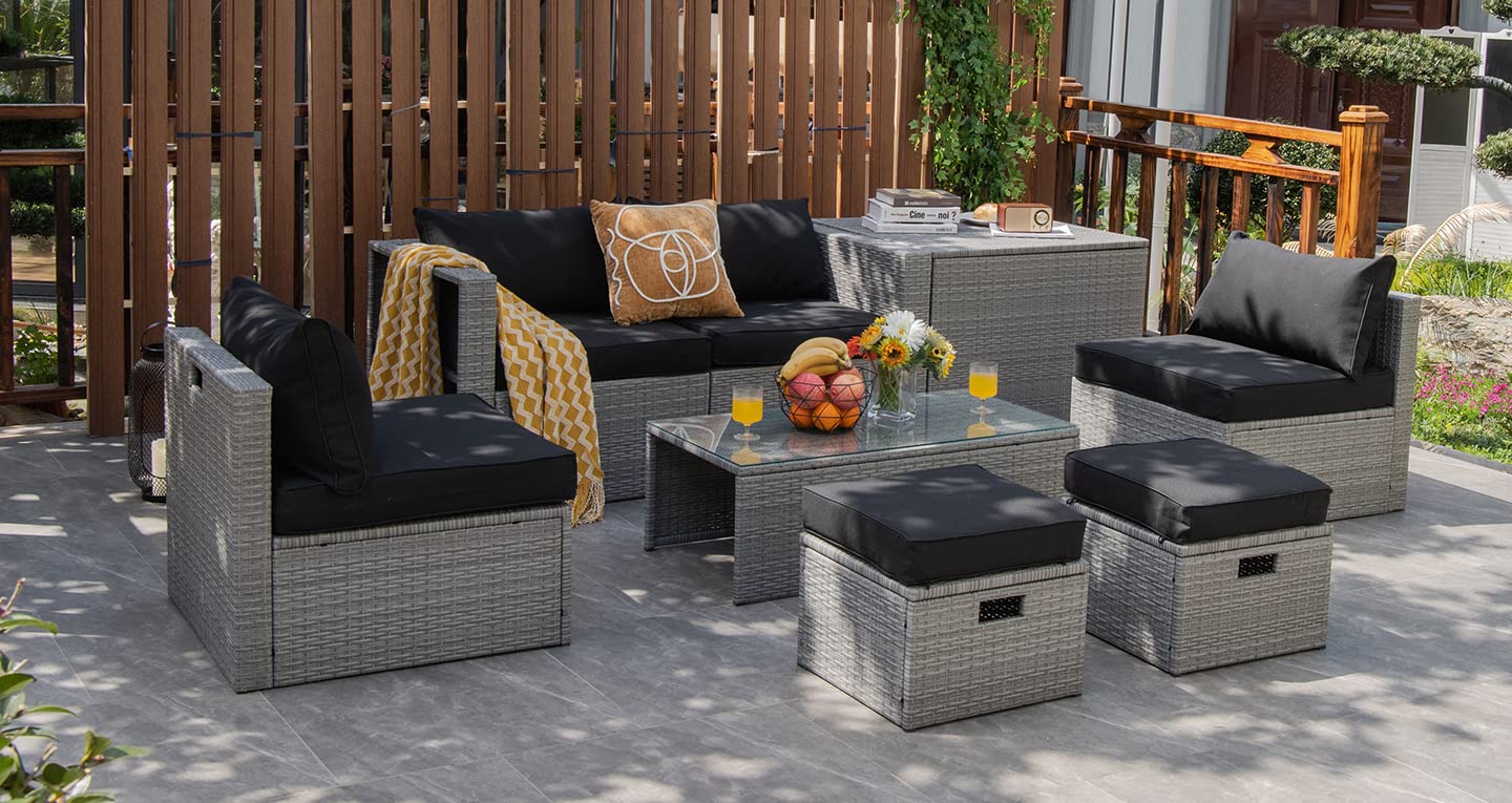 8-Piece Patio Wicker Furniture Set, Coffee Table, 2 Ottomans, 2 Armless Sofas & 2 Corner Sofas