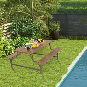 Tangkula Wood Picnic Table, Outdoor Acacia Wood Picnic Table Bench Set with 2 Built-in Benches