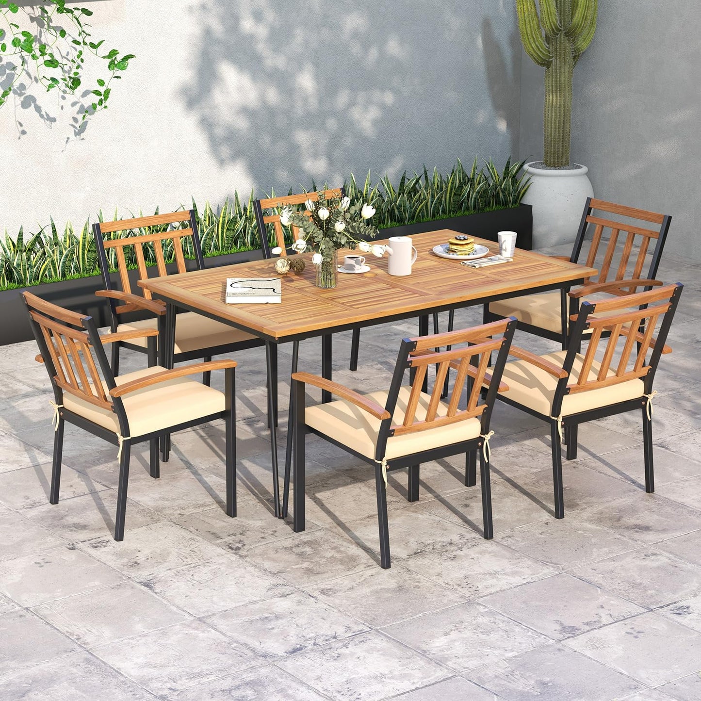 Tangkula 63-Inch Outdoor Dining Table, Patio Dining Table for 6 People w/Acacia Wood Tabletop & Metal Legs