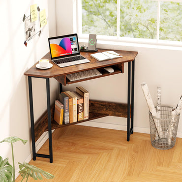 Tangkula Corner Desk with Keyboard Tray with Storage Shelf