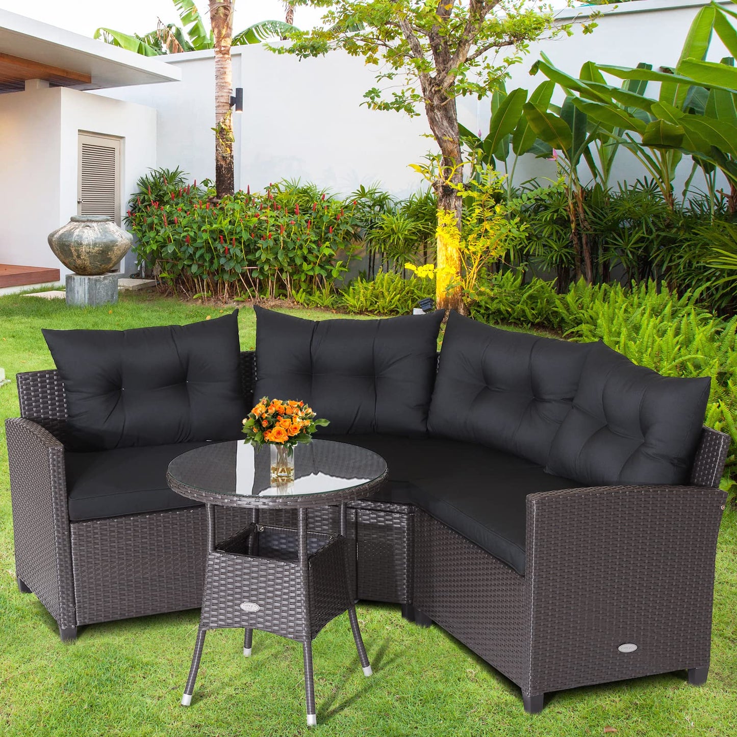 Tangkula 4 Piece Outdoor Sofa Set, Patio Rattan Corner Chair Set W/Round Side Table