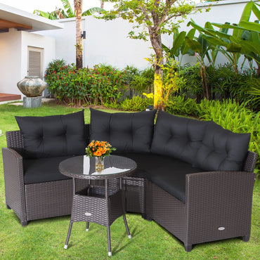 Tangkula Ensemble de canapé d'extérieur 4 pièces, ensemble de chaises d'angle en rotin de patio avec table d'appoint ronde