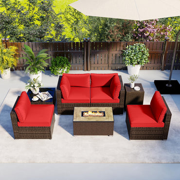 Tangkula 7 Pieces Outdoor Sectional Sofa Set Set with 32” Fire Pit Table and Propane Tank Cover