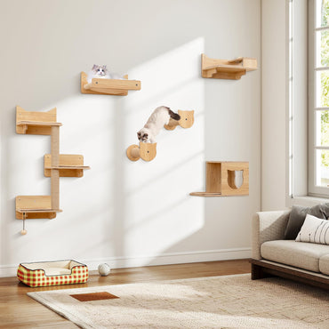 Tangkula Cat Wall Shelves 6 Pieces Wooden Wall Mounted Kitten Furniture Set