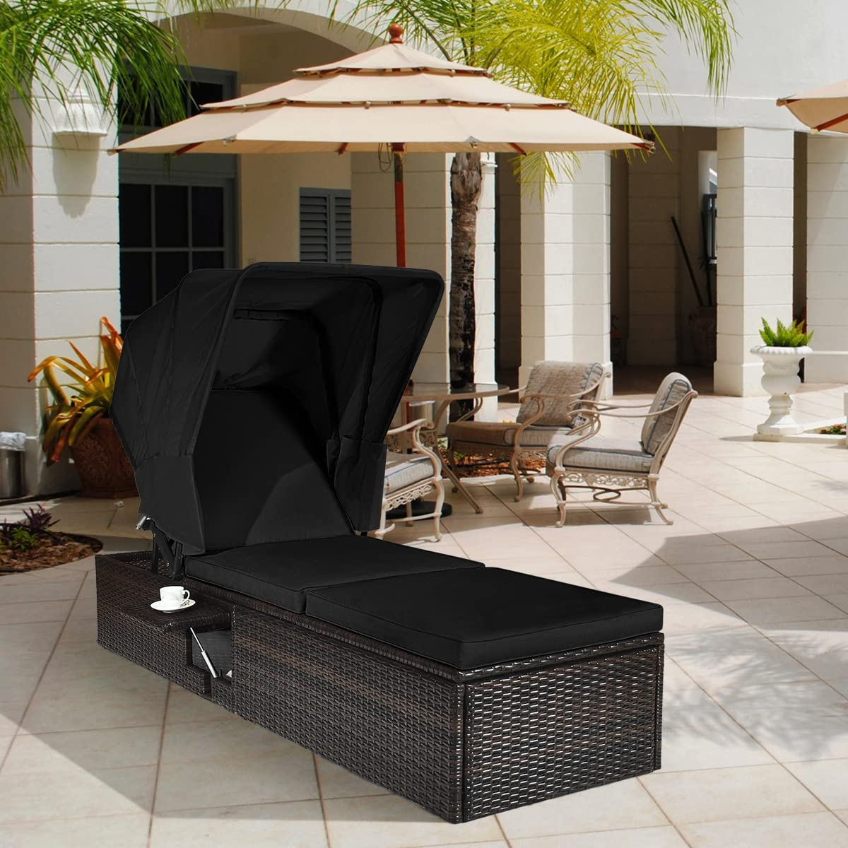 Outdoor Chaise Lounge Chair with Folding Canopy, Adjustable Cushioned Reclining Chair with Flip-up Tea Table