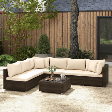 Tangkula Salon de Jardin 7 Pièces en Rotin, Patiojoy Ensemble de Conversation d'Extérieur avec Coussins et Table Basse en Verre Trempé