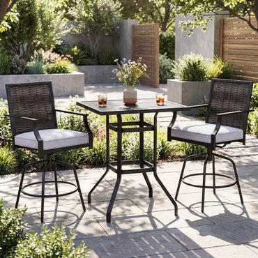 Tangkula 3 Pieces Outdoor Swivel Bar Set High Top Patio Bar Table and Rattan Wicker Chairs