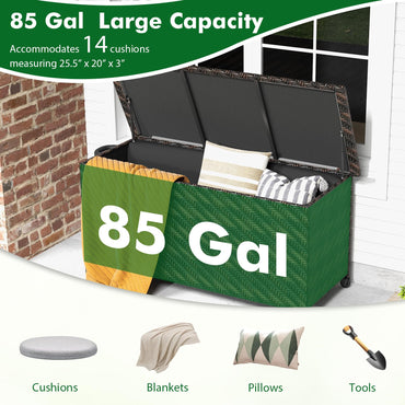 Tangkula Coffre de rangement en rotin tressé, Meuble de rangement Patiojoy avec doublure en polyester, Boîte de rangement intérieure/extérieure de 85 gallons