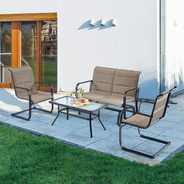 Ensemble de mobilier d'extérieur 4 pièces, table basse, causeuse balancelle 2 places et 2 chaises de salle à manger à ressorts (marron)