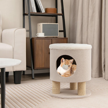 Tangkula Tabouret Condo pour Chats d'Intérieur, Pouf Maison pour Animaux & Lit pour Chaton avec Poteaux à Griffer & Jouet Balle en Peluche