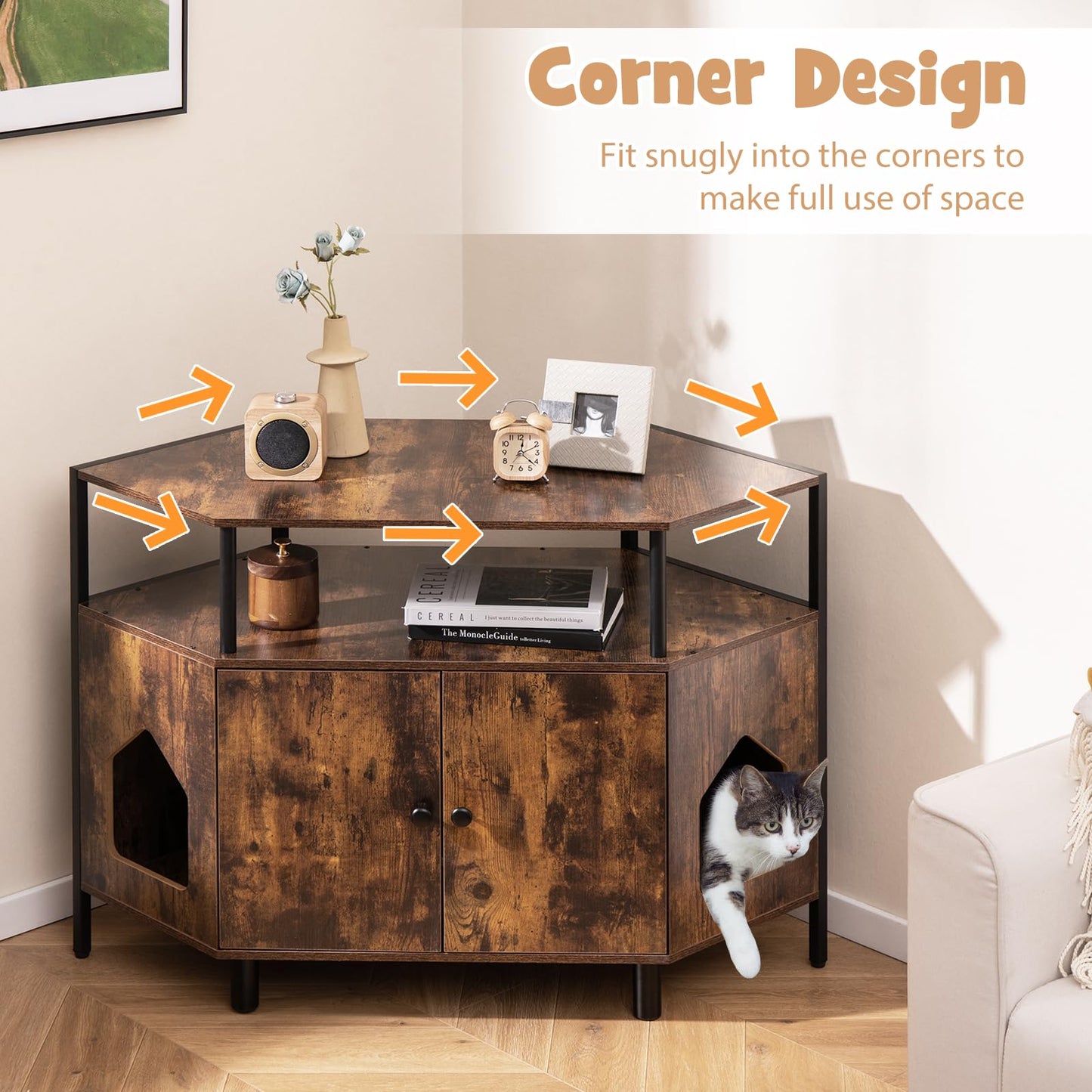 Tangkula Corner Cat Litter Box Enclosure, Decorative Pet Cabinet Furniture with Open Shelf, 2 Entrances