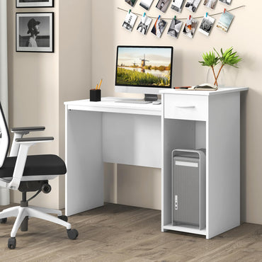 Tangkula Bureau Blanc avec Tiroir, Bureau d'Ordinateur Moderne avec Étagère Réglable et Trou de Câble, Poste de Travail Informatique en Bois pour la Maison ou le Bureau