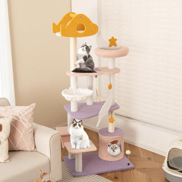 Arbre à chat haut Tangkula, Tour à chat moderne multi-niveaux de 168 cm avec condo pour chat, Poteaux à griffer en sisal