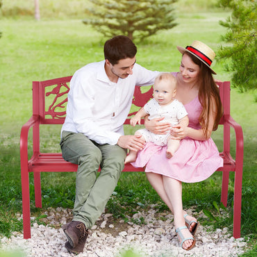 Tangkula Metal Outdoor Garden Bench Park Bench with Bird & Twig Cast Iron Back Pattern