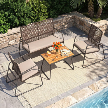 Tangkula 4 Pieces Patio Furniture Set with Acacia Wood Coffee Table & Zippered Cushions