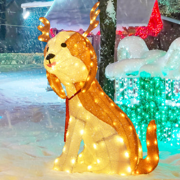 Tangkula 3.7 FT Outdoor Christmas Lighted Dog, 3D Xmas Beagle Dog with Antler, Furry Surface & 164 Warm White LED Lights