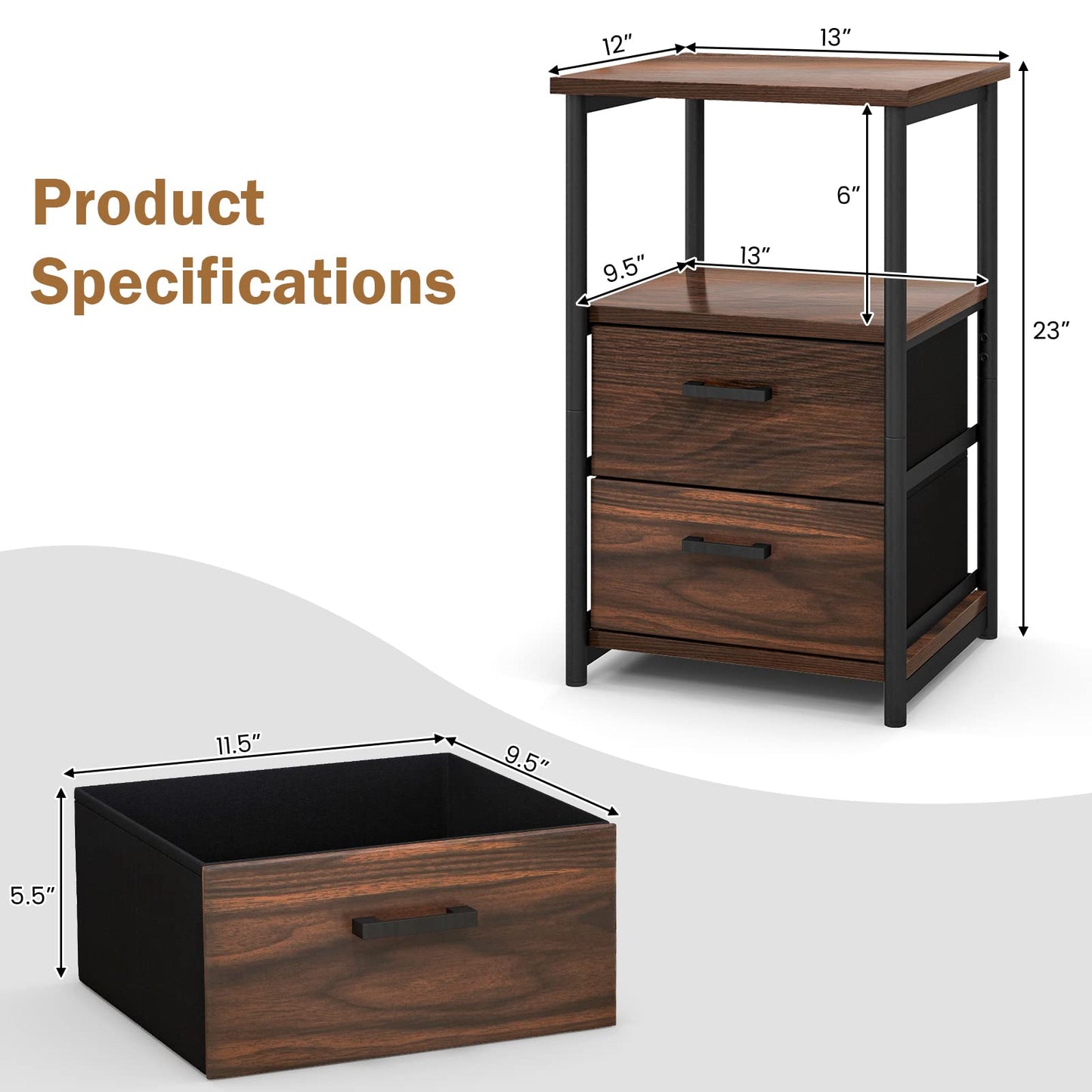 Tangkula Nightstand, Sofa Side End Table with Open Shelf & 2 Drawers