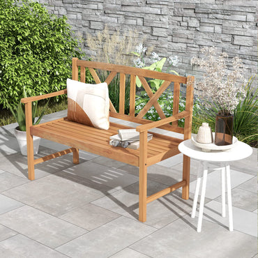 Tangkula Patio Acacia Wood Bench, 2-Person Outdoor Loveseat Chair