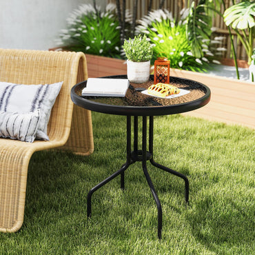 Tangkula Table de salle à manger ronde en verre pour terrasse avec trou pour parasol de 4 cm